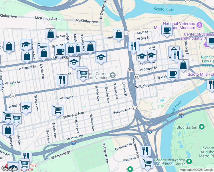 map of restaurants, bars, coffee shops, grocery stores, and more near 194 South Souder Avenue in Columbus