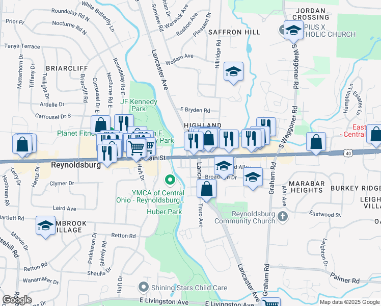 map of restaurants, bars, coffee shops, grocery stores, and more near 7305 307 East Main Street in Reynoldsburg