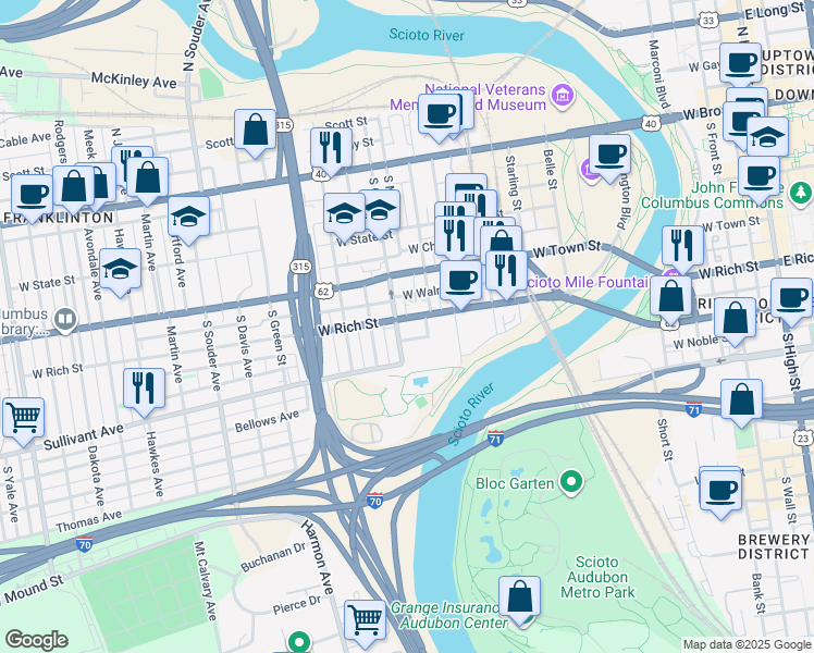 map of restaurants, bars, coffee shops, grocery stores, and more near 553 West Rich Street in Columbus
