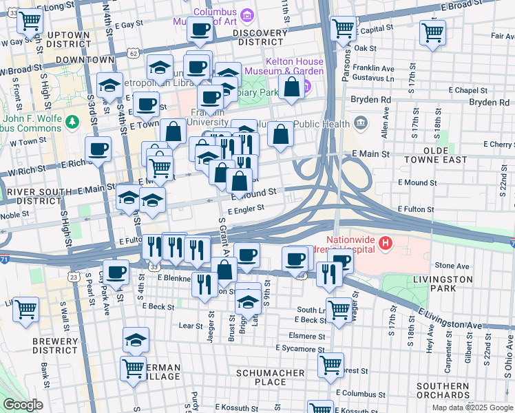 map of restaurants, bars, coffee shops, grocery stores, and more near 443 E Mound St in Columbus