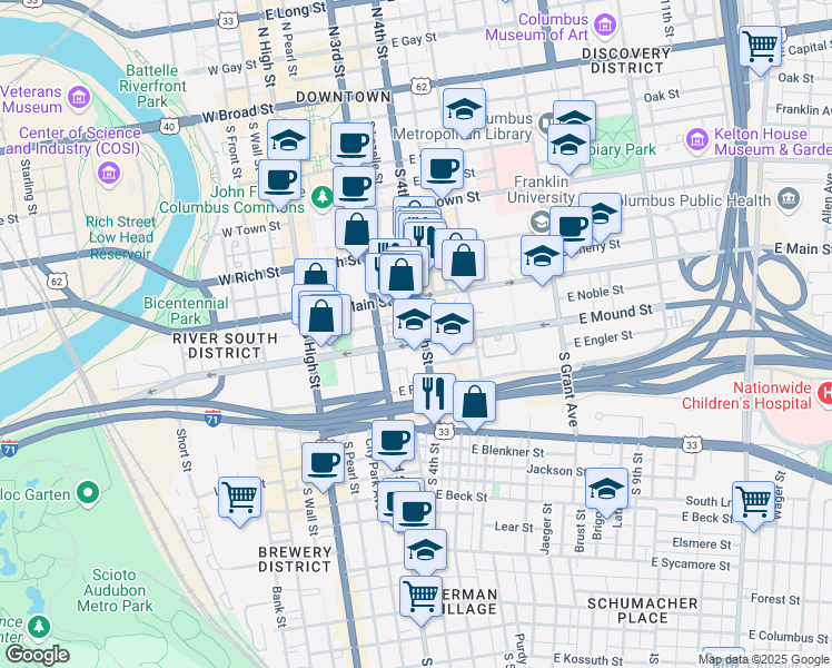 map of restaurants, bars, coffee shops, grocery stores, and more near 150 East Mound Street in Columbus
