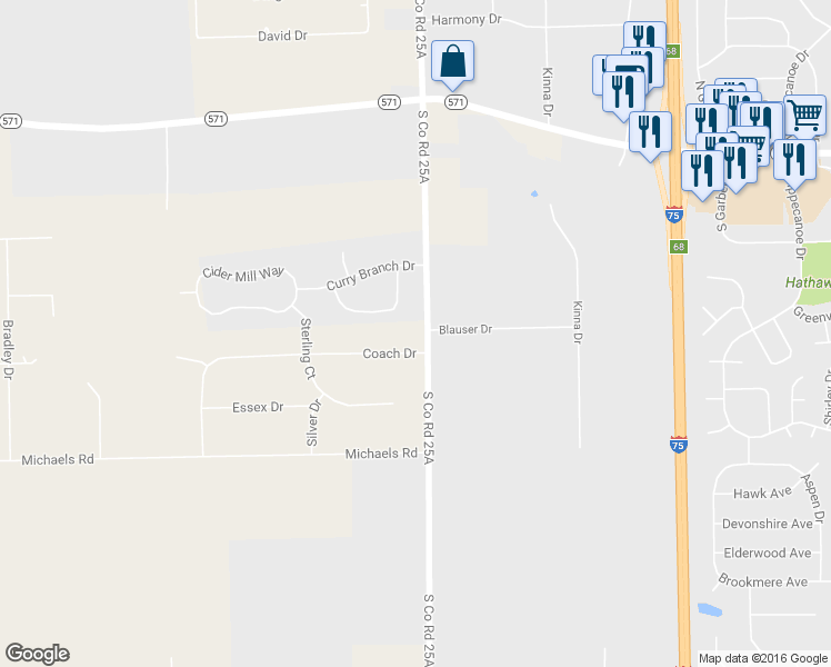 map of restaurants, bars, coffee shops, grocery stores, and more near 5700 South Co Road 25A in Tipp City