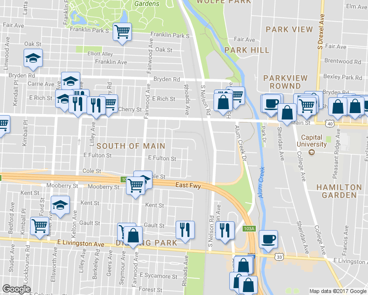 map of restaurants, bars, coffee shops, grocery stores, and more near 585 Rhoads Avenue in Columbus