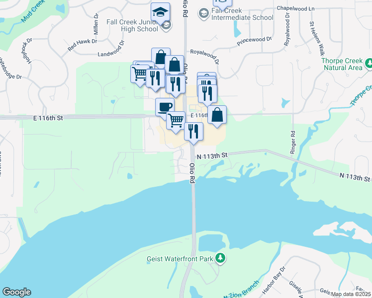map of restaurants, bars, coffee shops, grocery stores, and more near 11369 Easterly Boulevard in Fishers