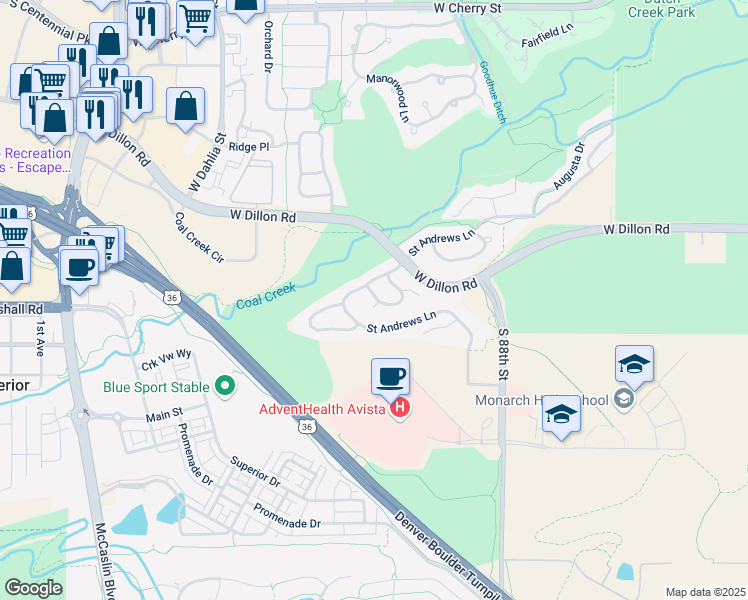 map of restaurants, bars, coffee shops, grocery stores, and more near 453 Muirfield Circle in Louisville