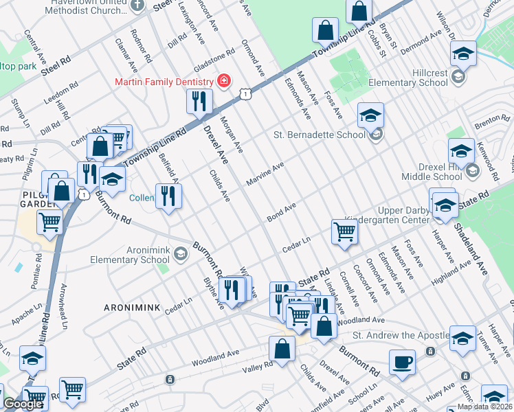 map of restaurants, bars, coffee shops, grocery stores, and more near 1021 Drexel Avenue in Drexel Hill