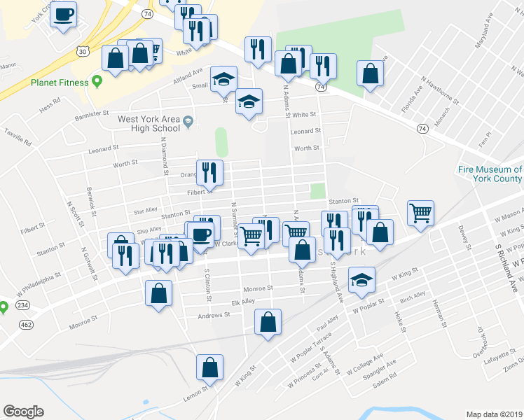 map of restaurants, bars, coffee shops, grocery stores, and more near 114 North Seward Street in West York
