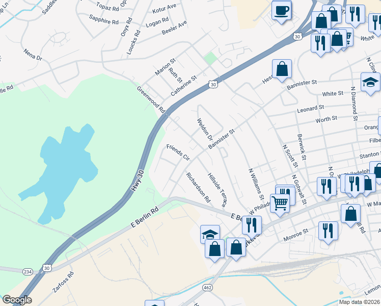 map of restaurants, bars, coffee shops, grocery stores, and more near 2601 Bannister Street in York