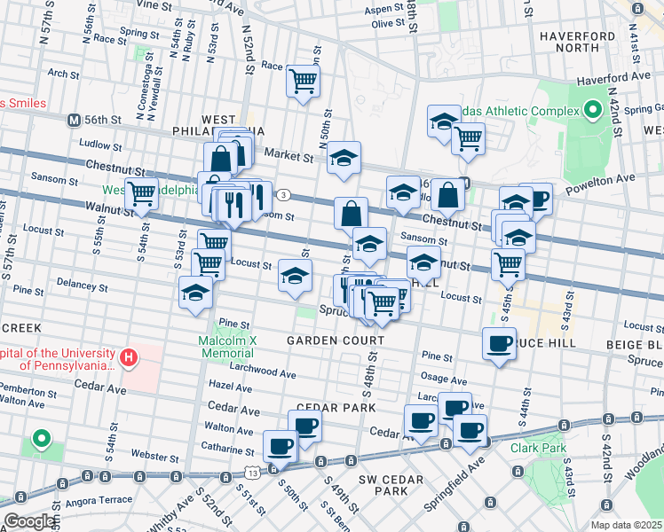 map of restaurants, bars, coffee shops, grocery stores, and more near 4916 Chancellor St in Philadelphia
