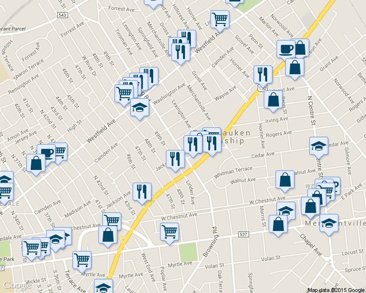 map of restaurants, bars, coffee shops, grocery stores, and more near 2422 Browning Road in Pennsauken Township