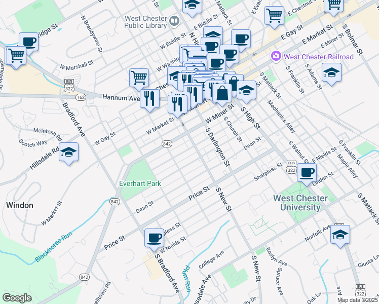 map of restaurants, bars, coffee shops, grocery stores, and more near 314 West Barnard Street in West Chester
