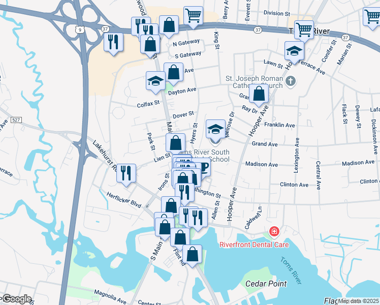 map of restaurants, bars, coffee shops, grocery stores, and more near 52 Hyers Street in Toms River