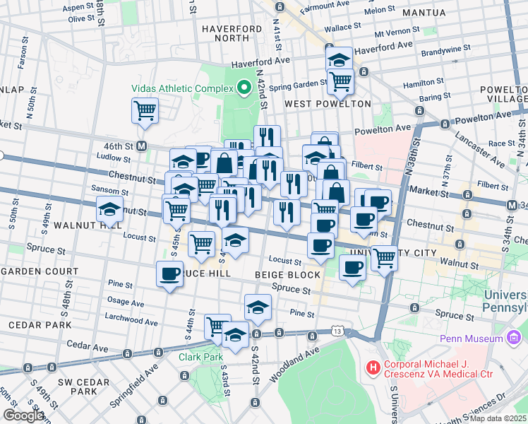 map of restaurants, bars, coffee shops, grocery stores, and more near 108 South 42nd Street in Philadelphia