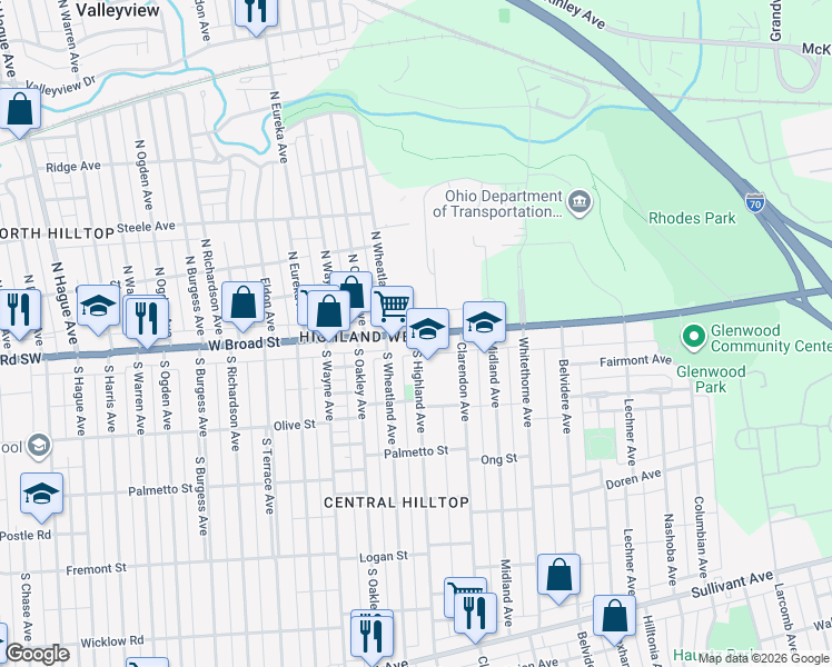 map of restaurants, bars, coffee shops, grocery stores, and more near 1 South Highland Avenue in Columbus