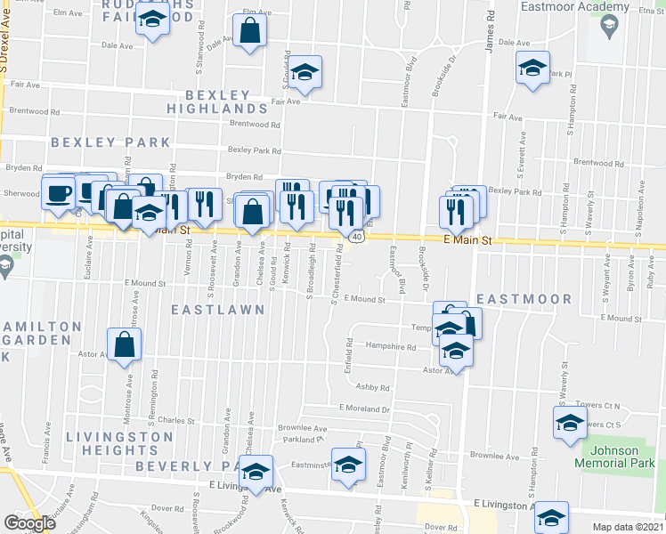 map of restaurants, bars, coffee shops, grocery stores, and more near 737 South Chesterfield Road in Columbus