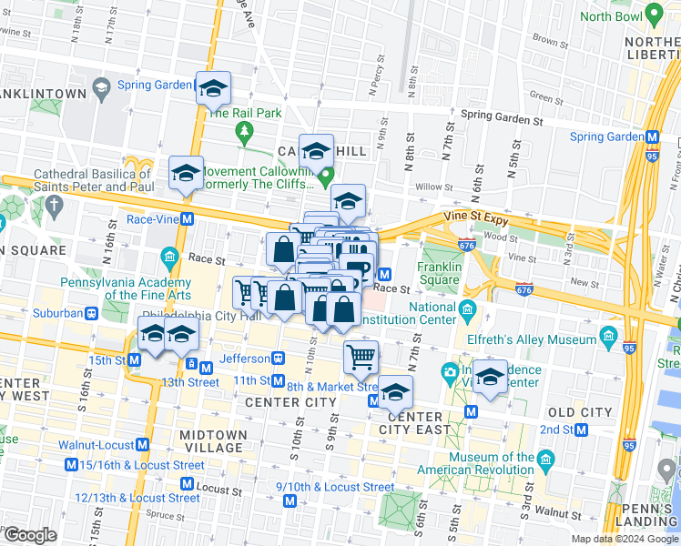 map of restaurants, bars, coffee shops, grocery stores, and more near 923 Race Street in Philadelphia