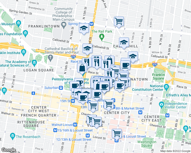map of restaurants, bars, coffee shops, grocery stores, and more near 150 North 13th Street in Philadelphia