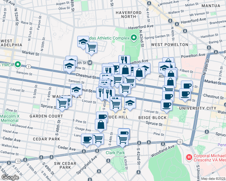 map of restaurants, bars, coffee shops, grocery stores, and more near Moravian Street in Philadelphia
