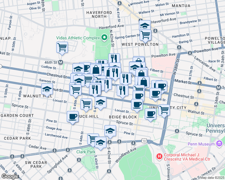 map of restaurants, bars, coffee shops, grocery stores, and more near 108 South 42nd Street in Philadelphia