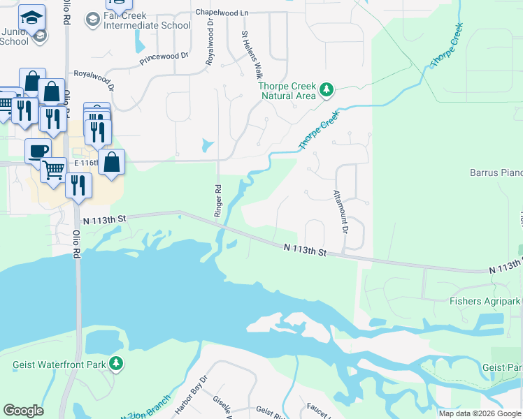 map of restaurants, bars, coffee shops, grocery stores, and more near 11335 Geist Bay Court in Fortville