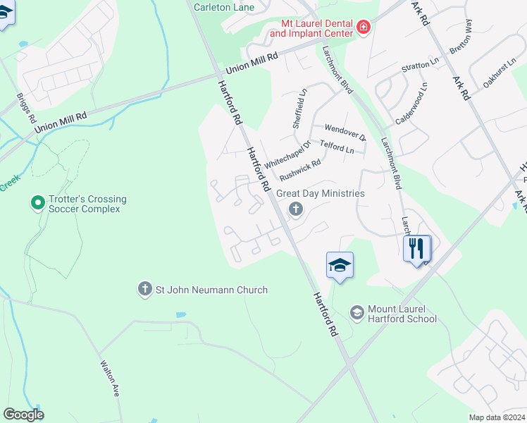 map of restaurants, bars, coffee shops, grocery stores, and more near 262B Everly Court in Mount Laurel Township