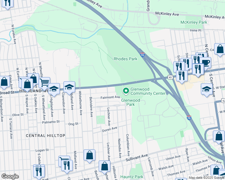 map of restaurants, bars, coffee shops, grocery stores, and more near 1945-1947 West Broad Street in Columbus