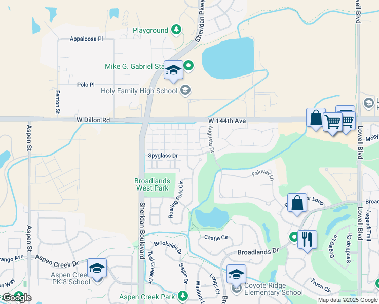 map of restaurants, bars, coffee shops, grocery stores, and more near 4925 Spyglass Drive in Broomfield