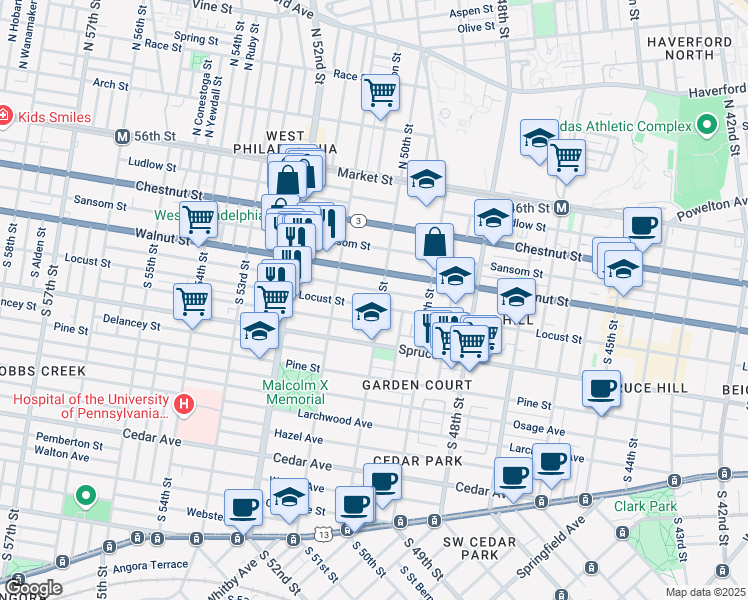 map of restaurants, bars, coffee shops, grocery stores, and more near 228 South 50th Street in Philadelphia