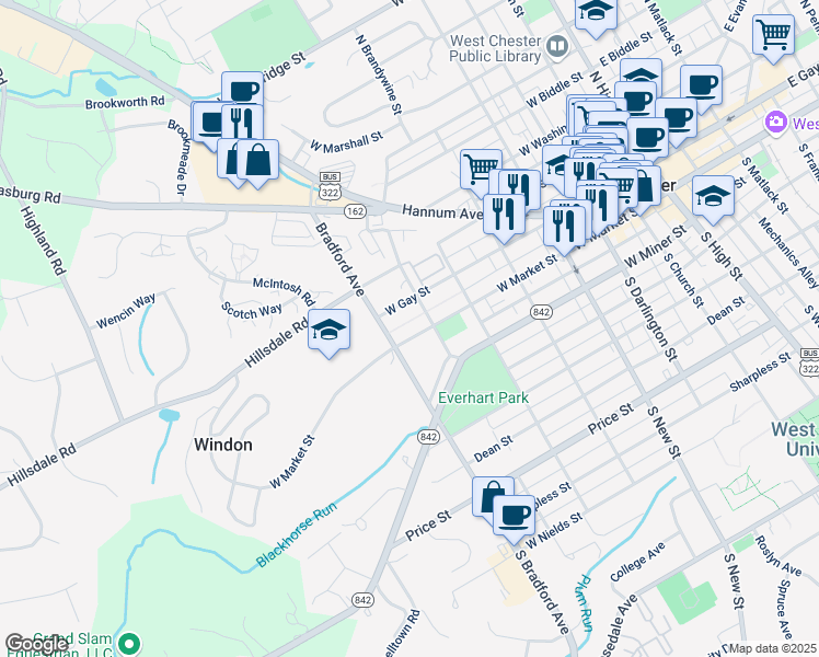 map of restaurants, bars, coffee shops, grocery stores, and more near 605 West Market Street in West Chester