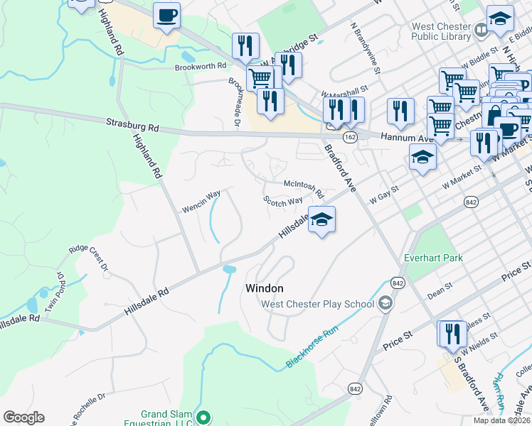 map of restaurants, bars, coffee shops, grocery stores, and more near 213 Wencin Way in West Chester