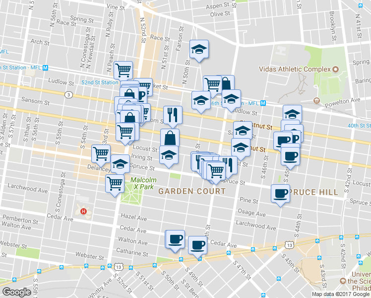 map of restaurants, bars, coffee shops, grocery stores, and more near 4926 Chancellor Street in Philadelphia