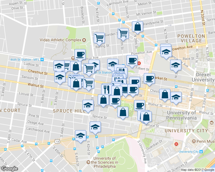 map of restaurants, bars, coffee shops, grocery stores, and more near 4050 Chestnut Street in Philadelphia