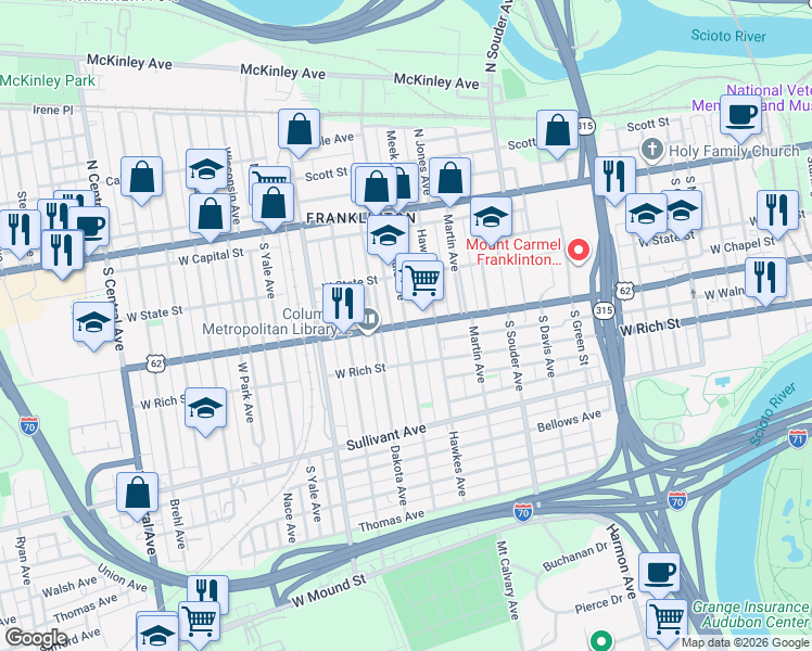 map of restaurants, bars, coffee shops, grocery stores, and more near W Town St & Avondale Ave in Columbus
