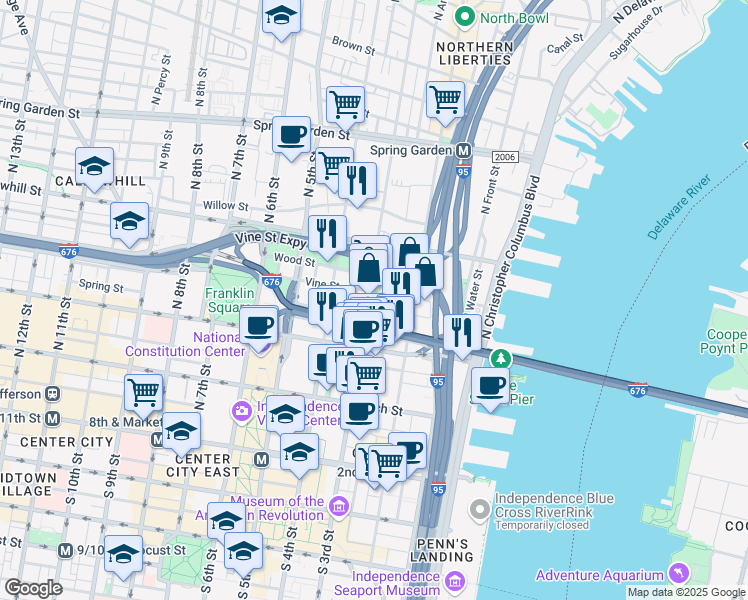 map of restaurants, bars, coffee shops, grocery stores, and more near 257 North 3rd Street in Philadelphia