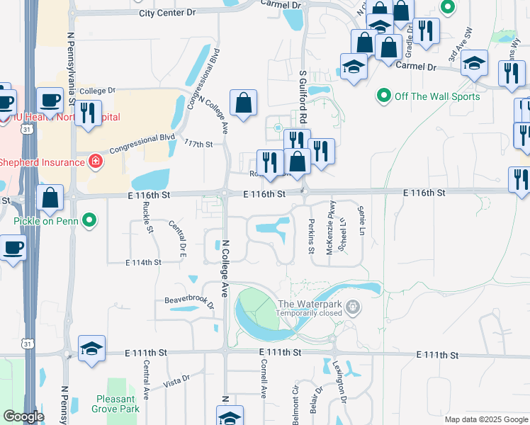 map of restaurants, bars, coffee shops, grocery stores, and more near 768 East Woodview North Drive in Carmel