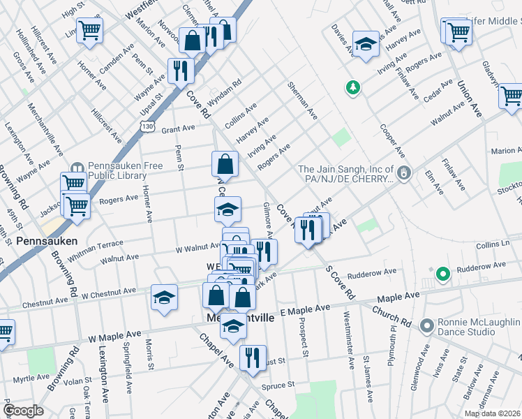 map of restaurants, bars, coffee shops, grocery stores, and more near 26 East Cedar Avenue in Merchantville