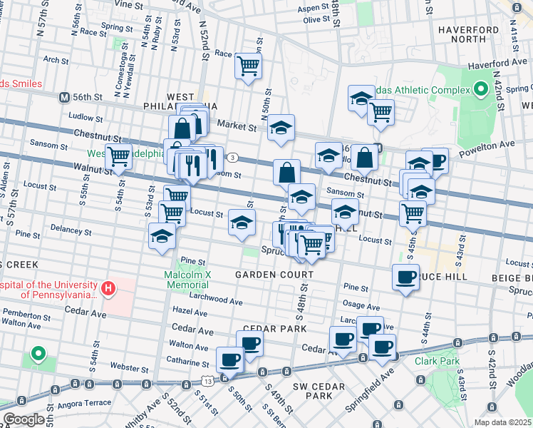 map of restaurants, bars, coffee shops, grocery stores, and more near 4926 Chancellor Street in Philadelphia