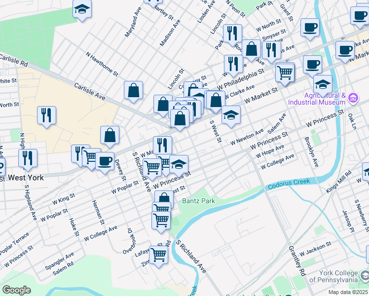 map of restaurants, bars, coffee shops, grocery stores, and more near 723 West King Street in York