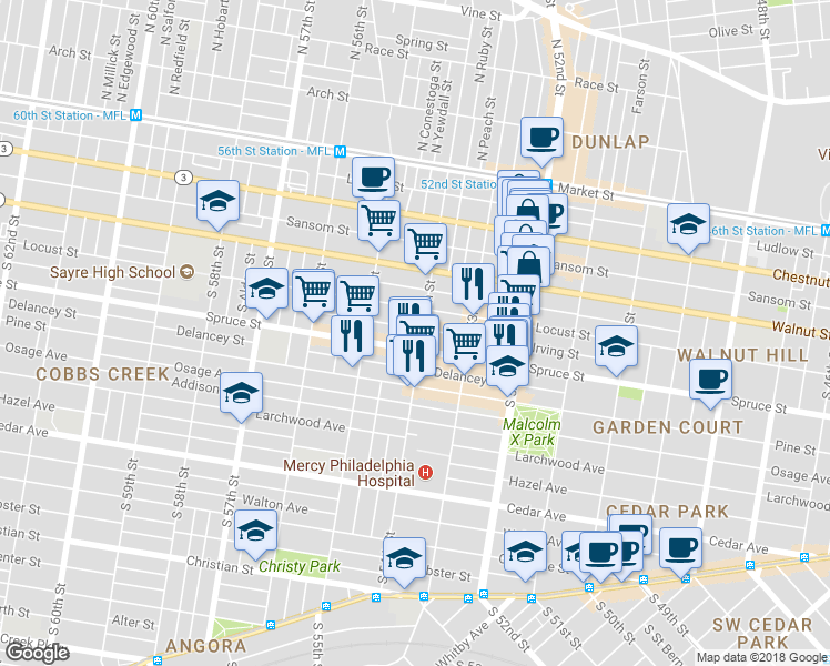 map of restaurants, bars, coffee shops, grocery stores, and more near 258 South 54th Street in Philadelphia