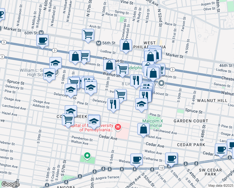 map of restaurants, bars, coffee shops, grocery stores, and more near 5441 Spruce Street in Philadelphia