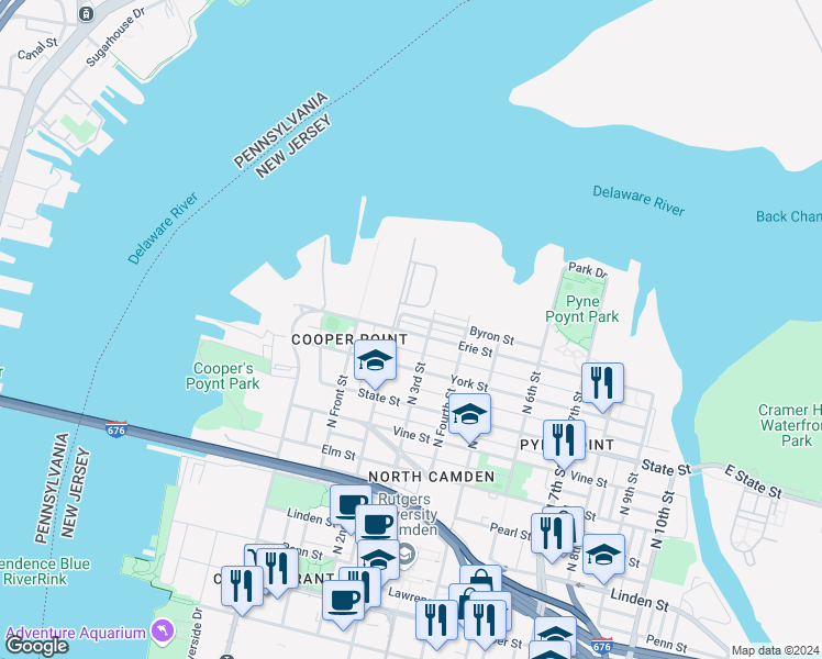 map of restaurants, bars, coffee shops, grocery stores, and more near 223 Bailey Street in Camden
