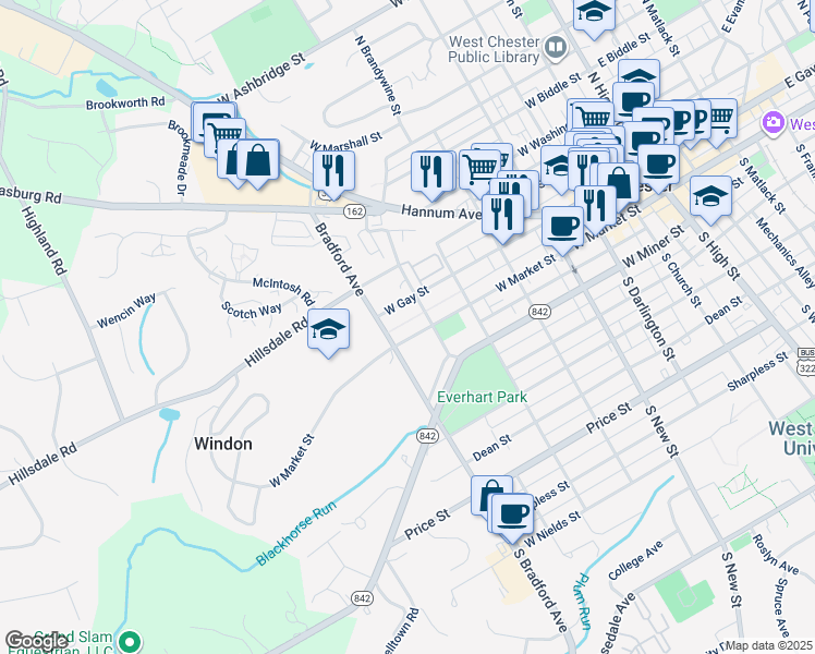 map of restaurants, bars, coffee shops, grocery stores, and more near 605 West Market Street in West Chester