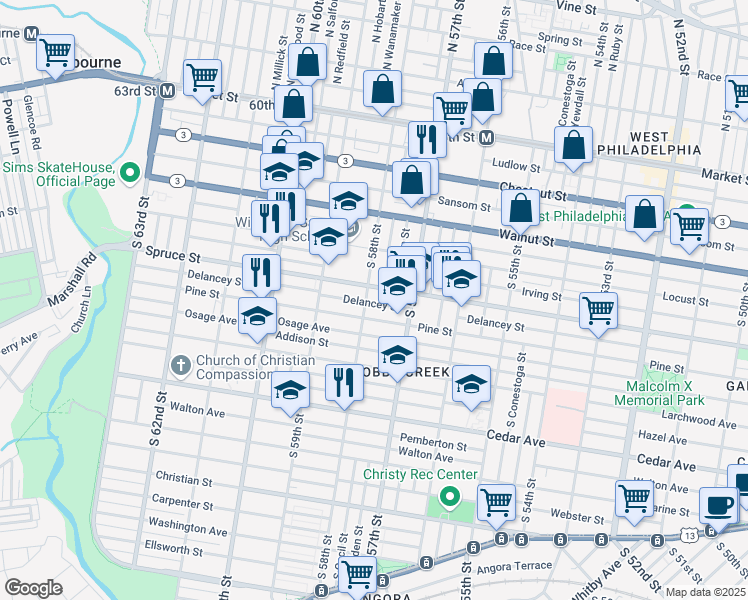 map of restaurants, bars, coffee shops, grocery stores, and more near 5753 Delancey Street in Philadelphia