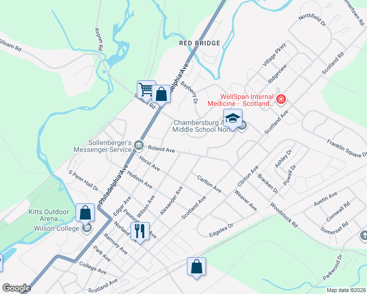 map of restaurants, bars, coffee shops, grocery stores, and more near 151 Roland Avenue in Chambersburg