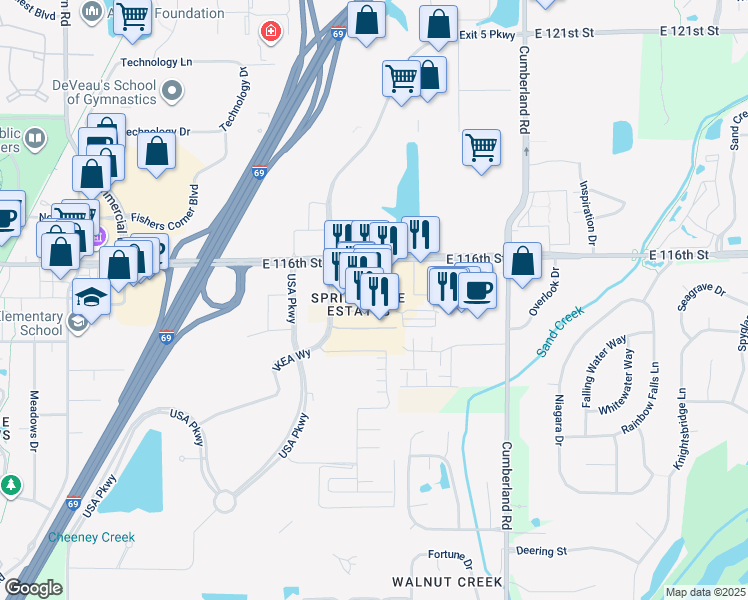 map of restaurants, bars, coffee shops, grocery stores, and more near 11547 Yard Street in Fishers