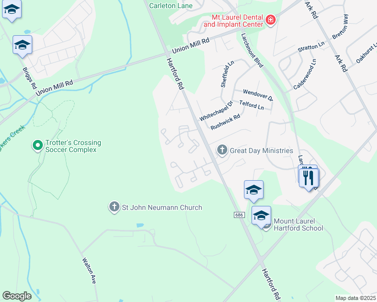 map of restaurants, bars, coffee shops, grocery stores, and more near 288B Everly Court in Mount Laurel Township