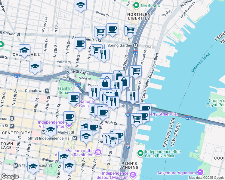 map of restaurants, bars, coffee shops, grocery stores, and more near 226 Vine Street in Philadelphia