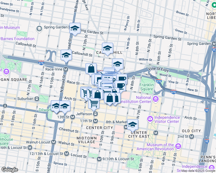 map of restaurants, bars, coffee shops, grocery stores, and more near 1001 Race Street in Philadelphia