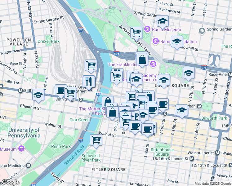 map of restaurants, bars, coffee shops, grocery stores, and more near 2330 John F Kennedy Boulevard in Philadelphia