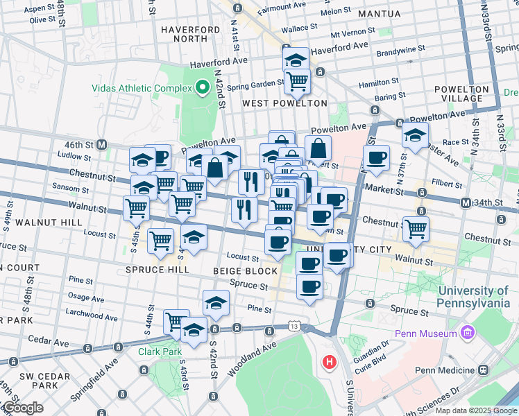 map of restaurants, bars, coffee shops, grocery stores, and more near 4050 Chestnut Street in Philadelphia